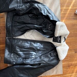 Hollister Black Leather Bomber Jacket with Cream Lining